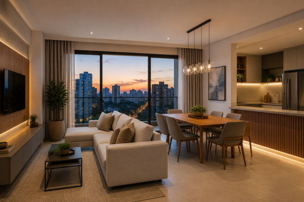 Sala de apartamento moderno com cozinha integrada e vista para a cidade ao entardecer