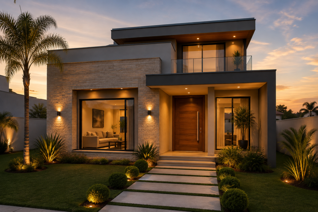 Fachada de casa moderna com jardim e iluminação ao entardecer