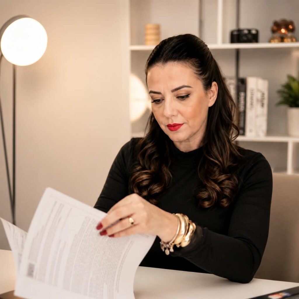 Caren Santos analisando documentos em ambiente de atendimento imobiliário