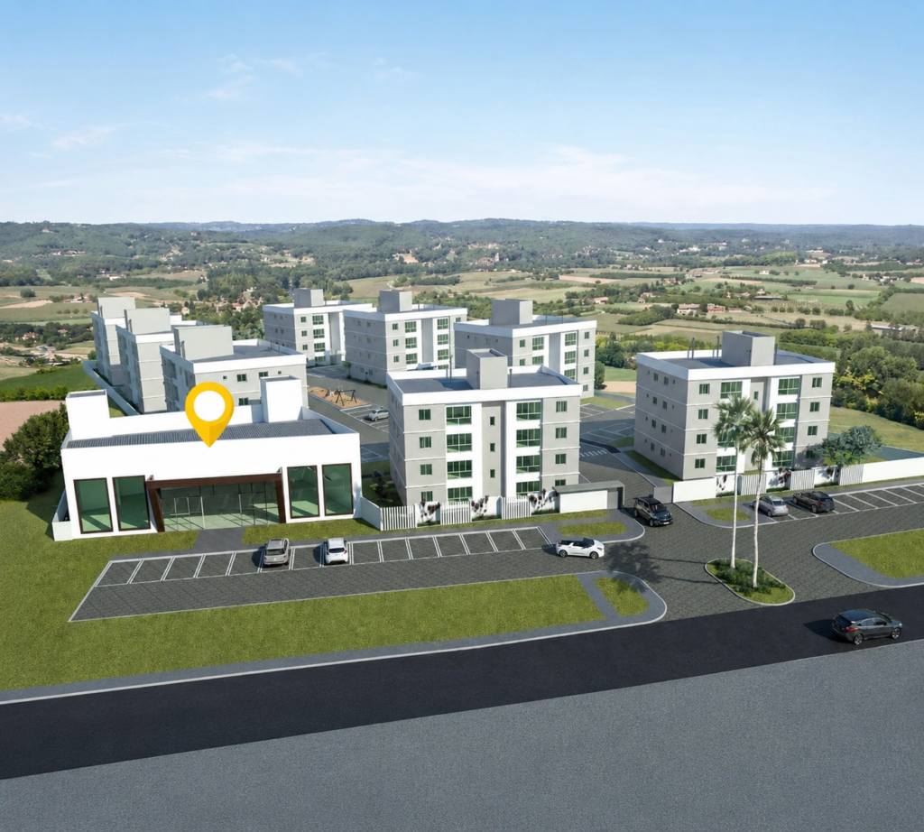 Loja comercial no Residencial Ilha Bela em Passo de Torres destacada em vista aérea do empreendimento