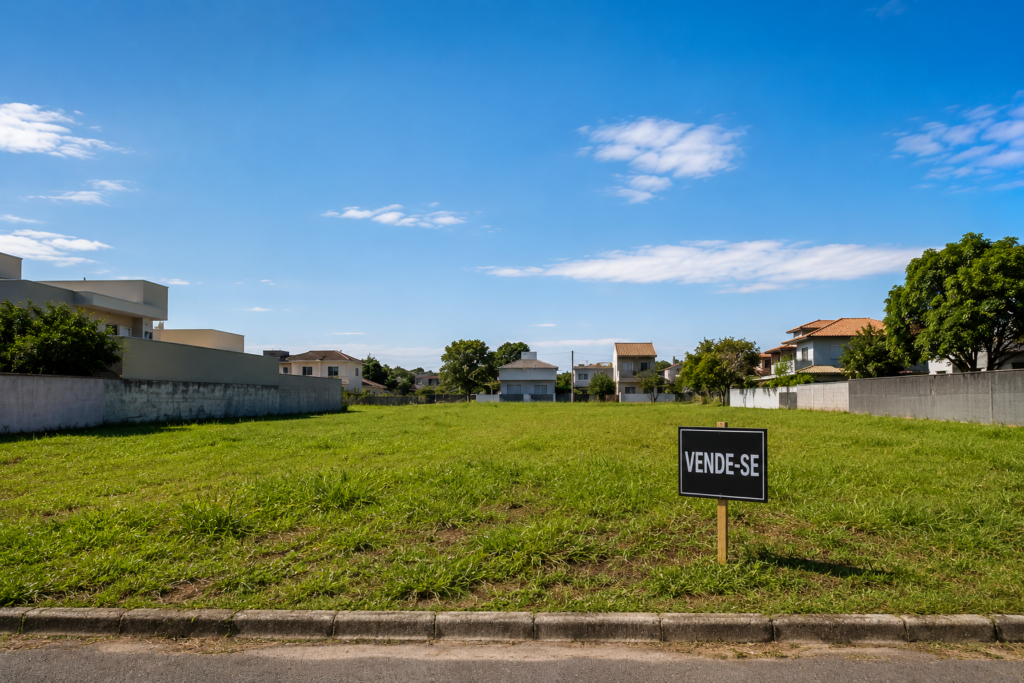 Terreno gramado à venda em área residencial com casas ao redor